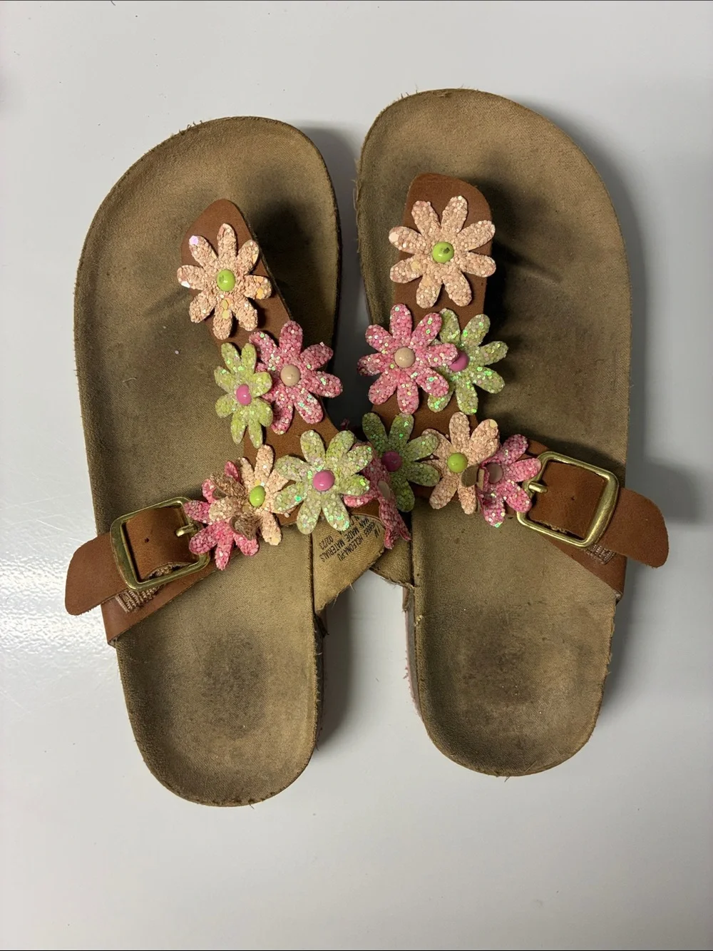 Women’s Floral Glitter Leather Slide Sandals - Pink/Green